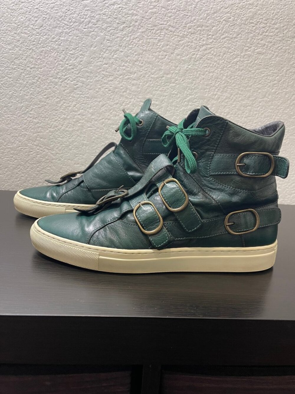 Raf Simons Leather High Top Buckle Sneakers Green Men’s EU 42 BV 6902